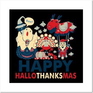 Retro Happy Hallowthanksmas for Halloween Thanksgiving Xmas Posters and Art